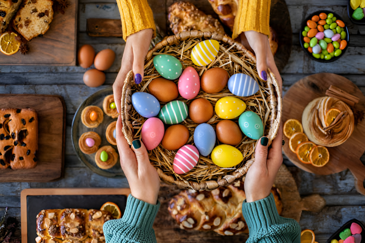 An Easter table harvest spread, with two women holding up a plate of Easter eggs