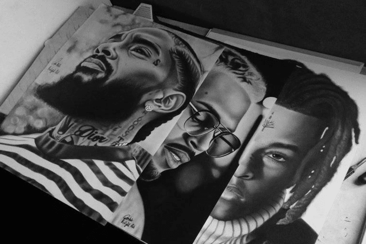 Realistic drawings of Chris Brown, Nipsey Hussle and Xxxtentacion