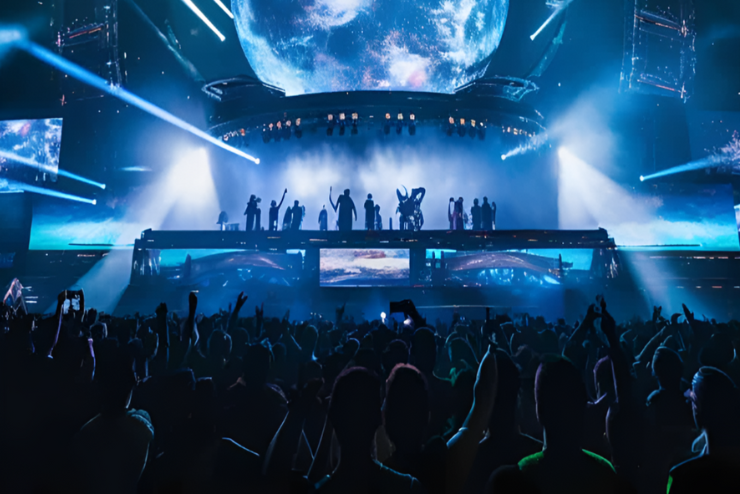 A rear shot of crowd raising their arms and dancing in front of a stage at Decypher - July Events