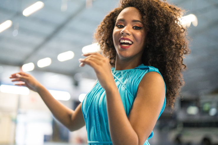 A woman dancing in a blue dress this month in Johannesburg