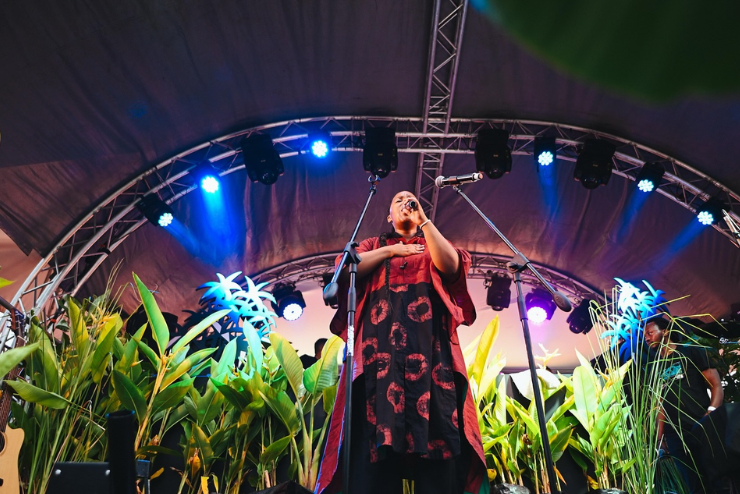 A performer singing on stage